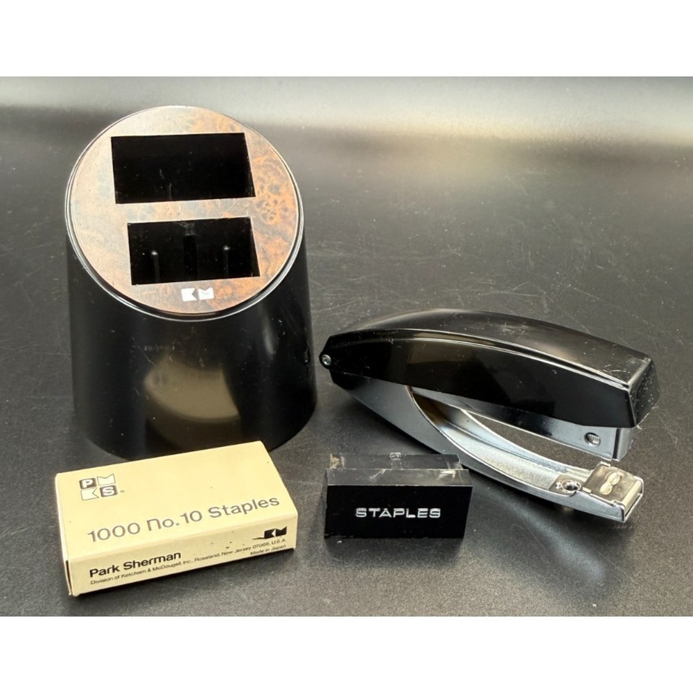 Vtg MCM Park Sherman Mini Stapler Desk Caddy Staples Storage Black Faux Wood